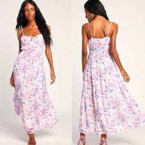🦋 NWOT LULUS Total Darling Pink Multi Floral Print Notched Bustier Maxi Dress